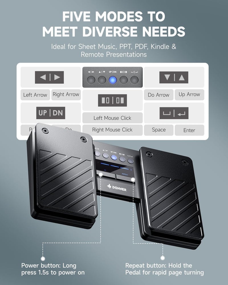 Donner Wireless Bluetooth Page Turner Pedal for iPad Tablets Phone Foot Pedal, Black - Image 3